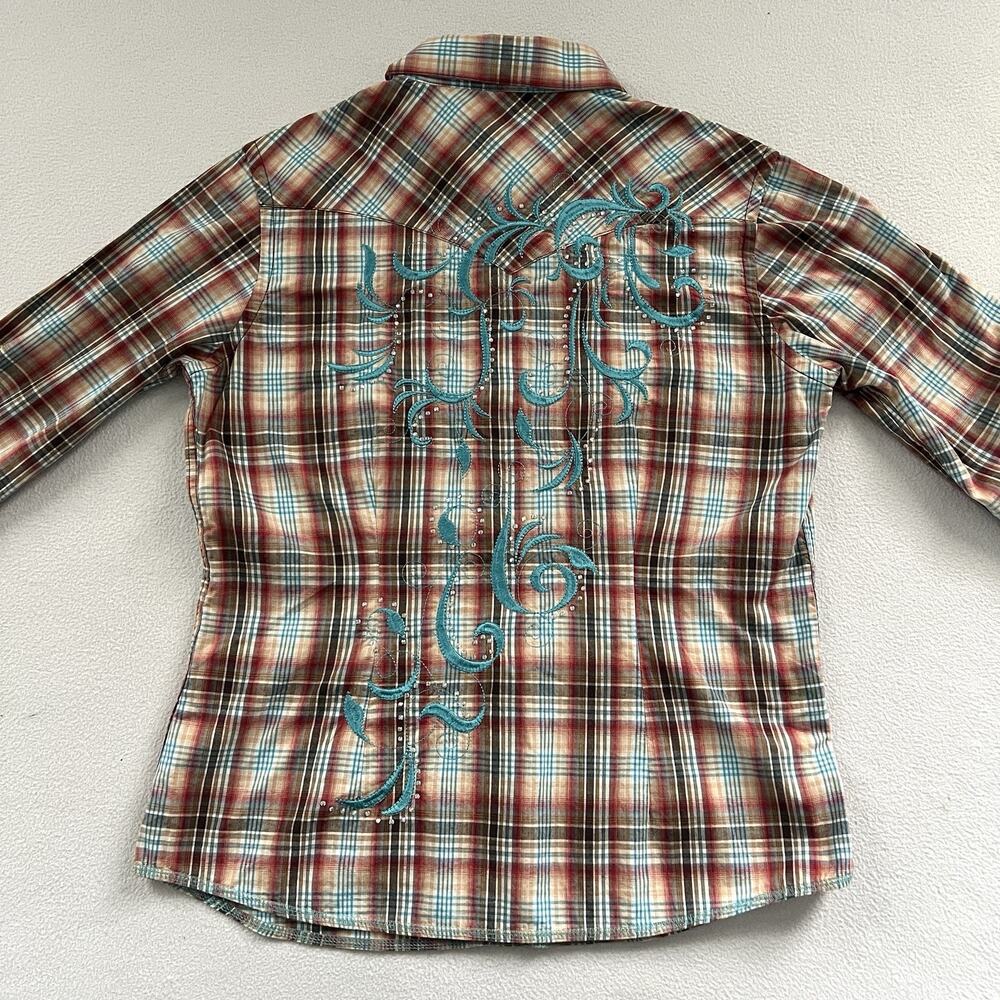 Rough Stock Panhandle Slim Embroidered Bling Plaid Pearl Snap Long Sleeve Top M